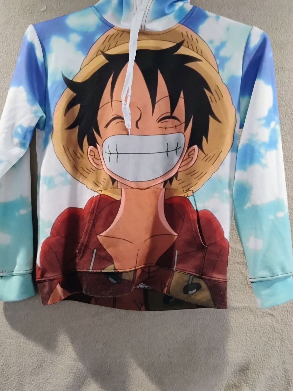 Men's Blue & Red Graphic Hoodie with Straw Hat Character